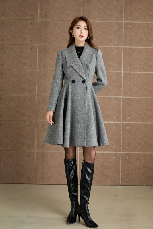 Wool Blend Fit and Flare Coat – Gray Double Breasted Coat with Pockets 5365