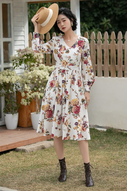 Xiaolizi Floral Linen Midi Dress – Vintage V Neck Swing 6692