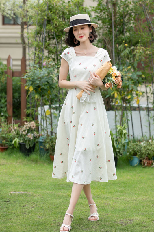 White Linen Fit and Flare Dress - Embroidered, Square Neckline 5203