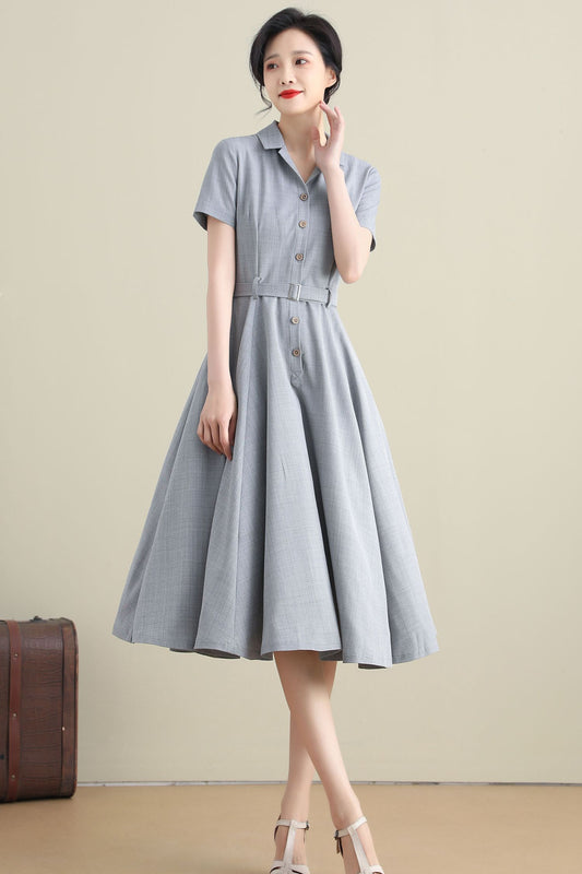 Handmade Cotton Linen Shirt Dress – Short Sleeve Summer Midi with Pockets | Xiaolizi 3272