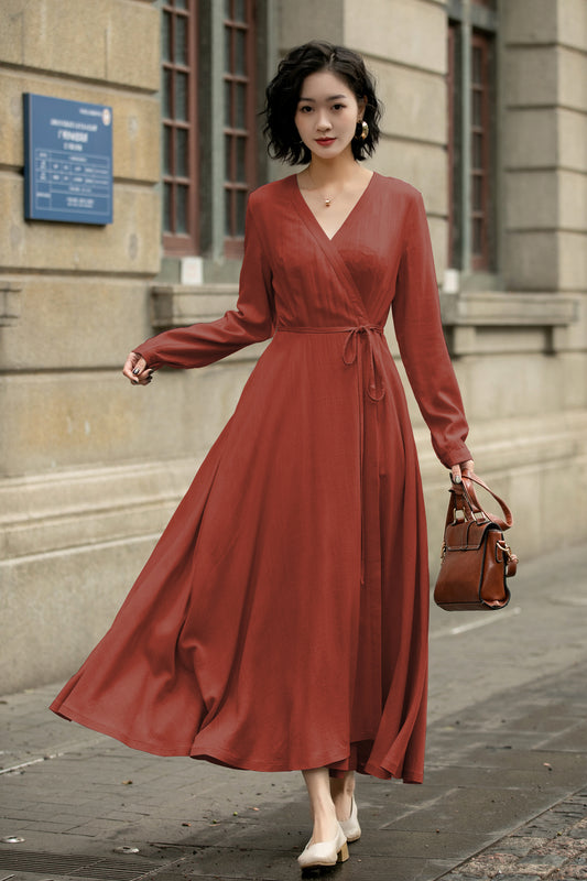 Handmade Linen Cotton Wrap Midi Dress – Vintage Elegant V-Neck Swing Dress 6299