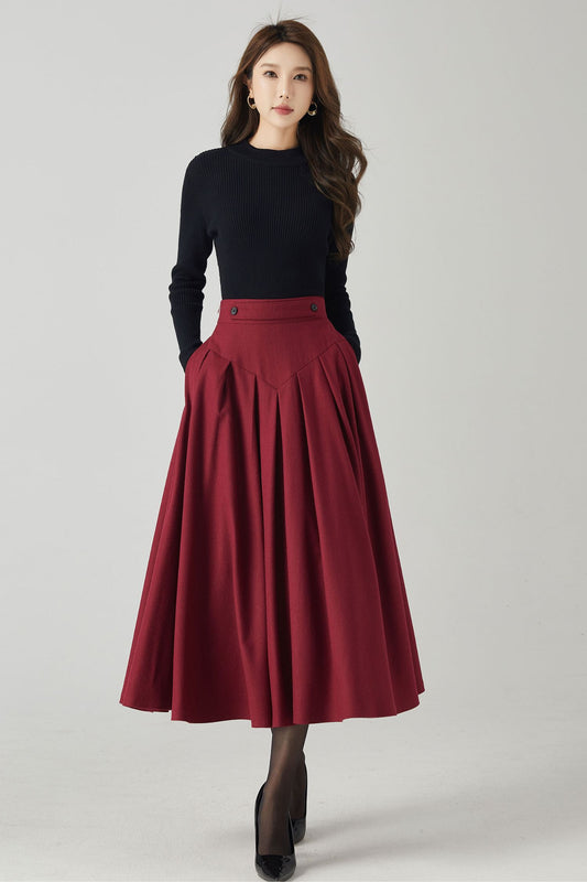Handmade Wool Blend Skirt – Elegant Wine Red Circle Midi with Pockets 4528