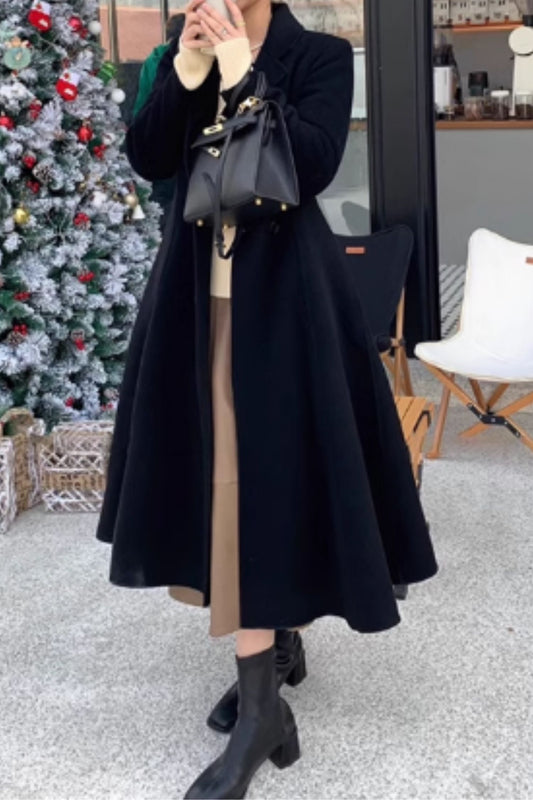 Black fit and flare long wool coat 5588