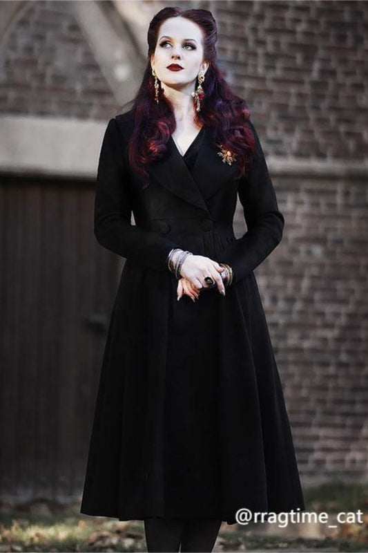 Vintage Black Wool Blend Coat – Elegant Double-Breasted Fit & Flare Maxi Coat | Xiaolizi 3394