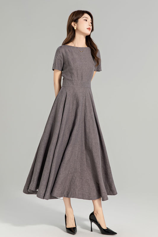 Fit and flare summer linen dresses women 4960
