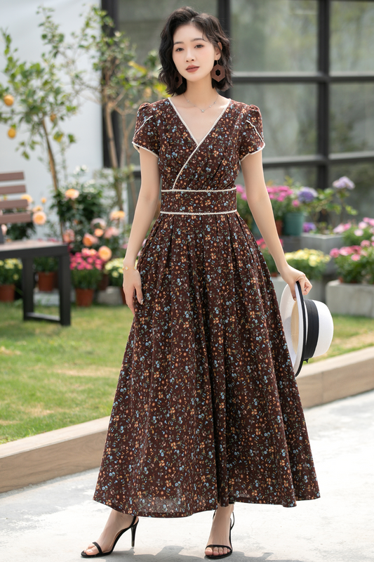 Vintage Floral Linen Cotton Maxi Dress – Women’s Puff Sleeve Wedding & Prom Dress 5833