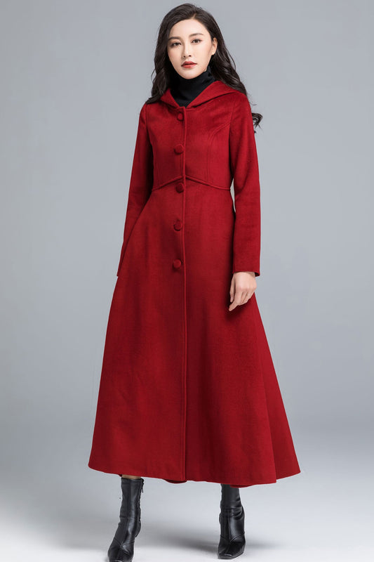 Red Wool Hooded Coat – Vintage Maxi Winter Overcoat for Women 2483