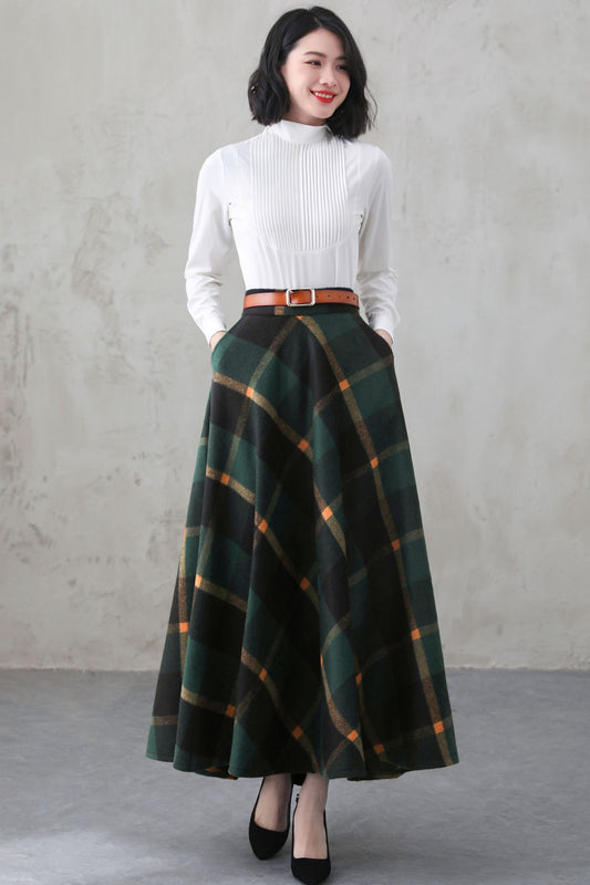 Green Plaid Wool Maxi Skirt – Vintage Tartan High Waist Winter Skirt with Pockets 4000