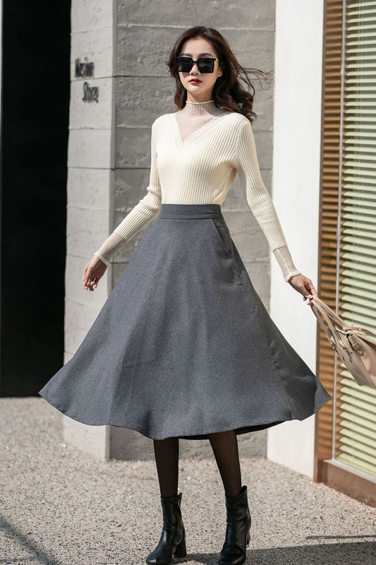 Winter Gray Midi Wool Skirt 4130