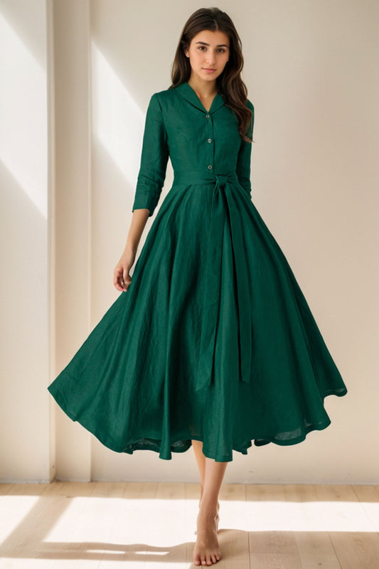 Green swing linen shirt dress for women 5122