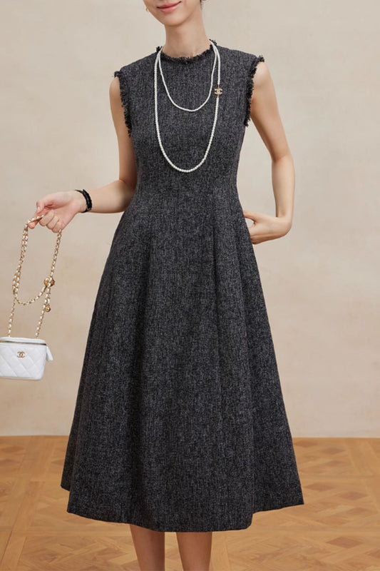 Classic Dark Grey Wool Midi Dress – Fit & Flare A-Line – 6455