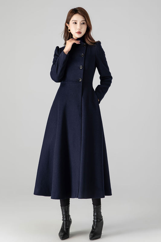 Wool Blend A-Line Coat – Dark Blue Long Coat with Pockets 4506