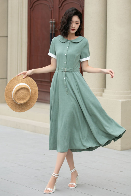 Green Linen Cotton Midi Dress – Vintage Belted Summer Shirt Dress 5148