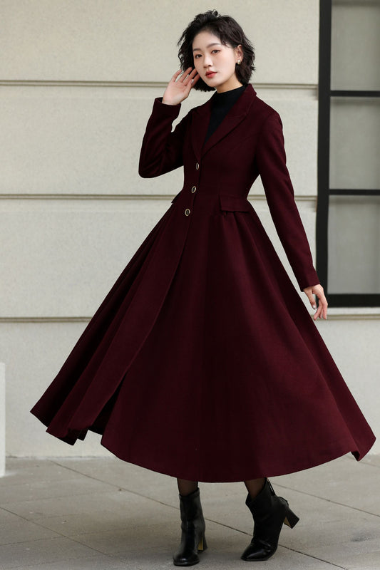 Handmade fit and flare burgundy winter wool coat 6533
