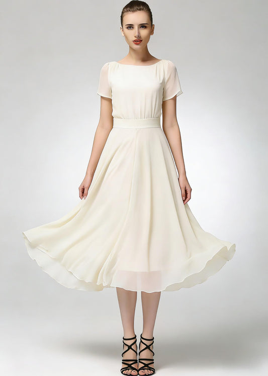 Beige Chiffon Midi Dress with Short Sleeves and Flowing Skirt | Xiaolizi 6782