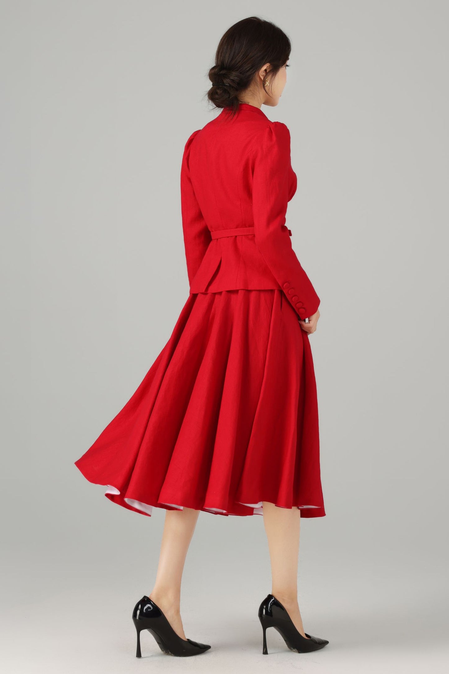 Linen Two-Piece Set - Vintage Blazer & Circle Midi Skirt | Xiaolizi 5759