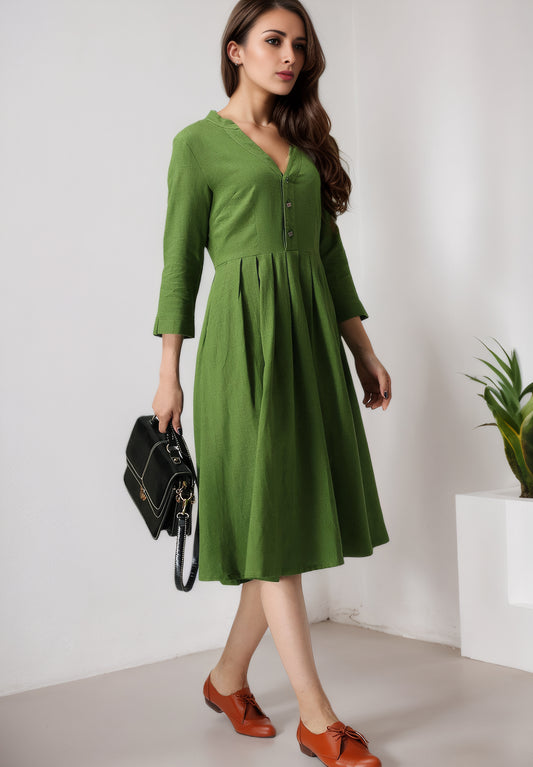 Brown Linen Blend Midi Dress - V-Neck, Button-Up, Relaxed Fit 5600