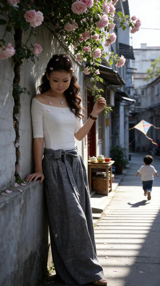 Handmade Gray Linen Wide-Leg Pants – High Waist Belted Trousers | Xiaolizi 308