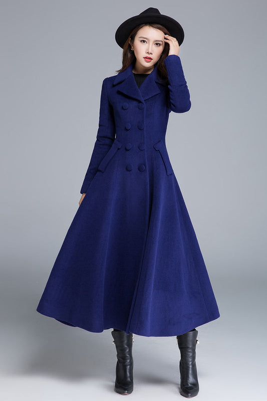 Blue Wool Winter Coat – Double Breasted Long Overcoat with Pockets 1685
