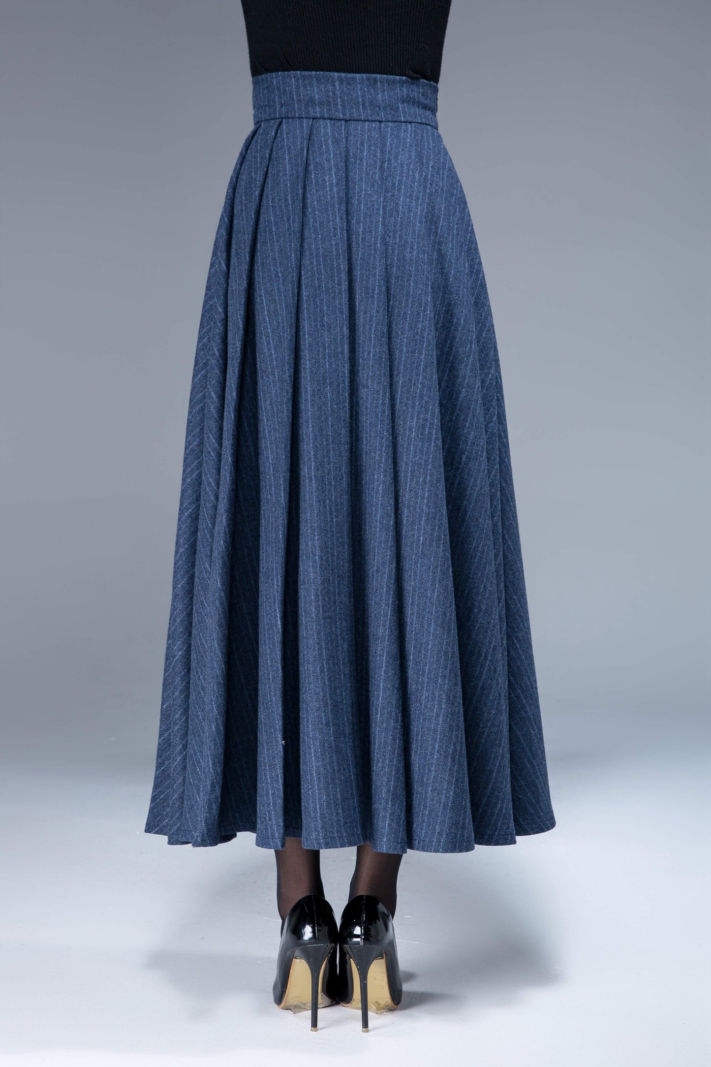 Handmade Slate Blue Wool Midi Skirt – Vintage A-Line Pleated Skirt | Xiaolizi 1801