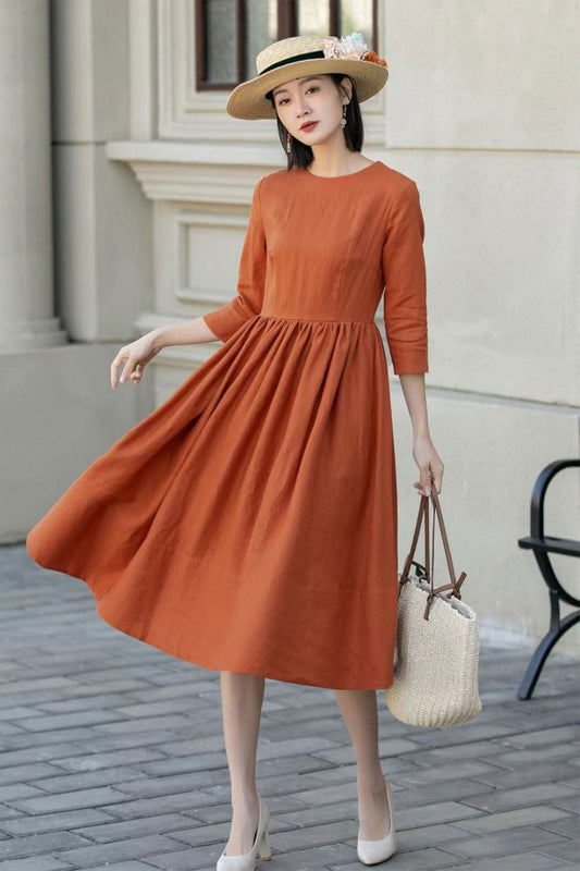 Fit and flare midi summer linen dress 4896