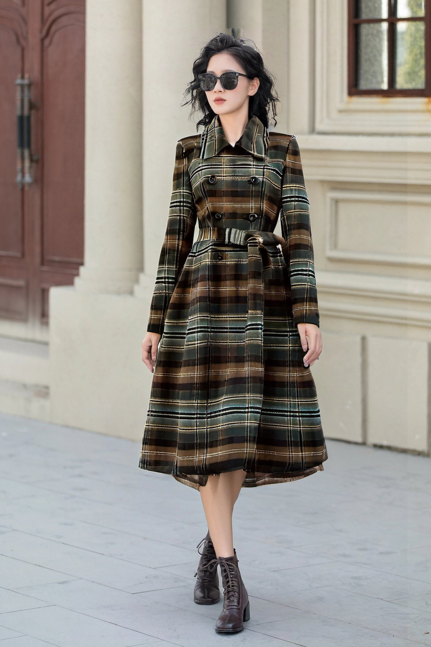 Brown Plaid Wool Coat – Vintage Fit and Flare Winter Overcoat with Belt 5567