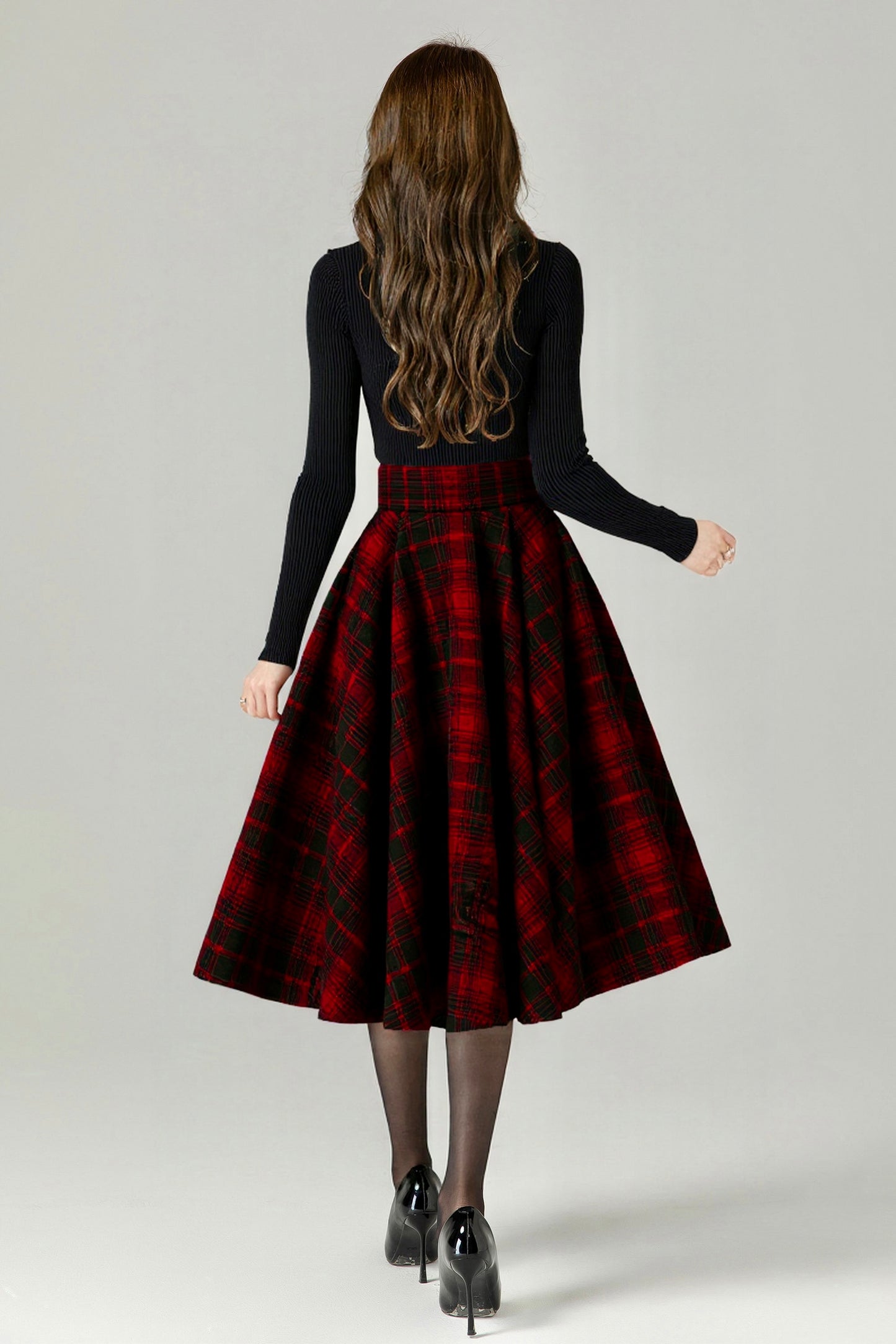 Vintage Plaid Wool Skirt – Handmade Winter Circle Skirt with Pockets | Xiaolizi 6518