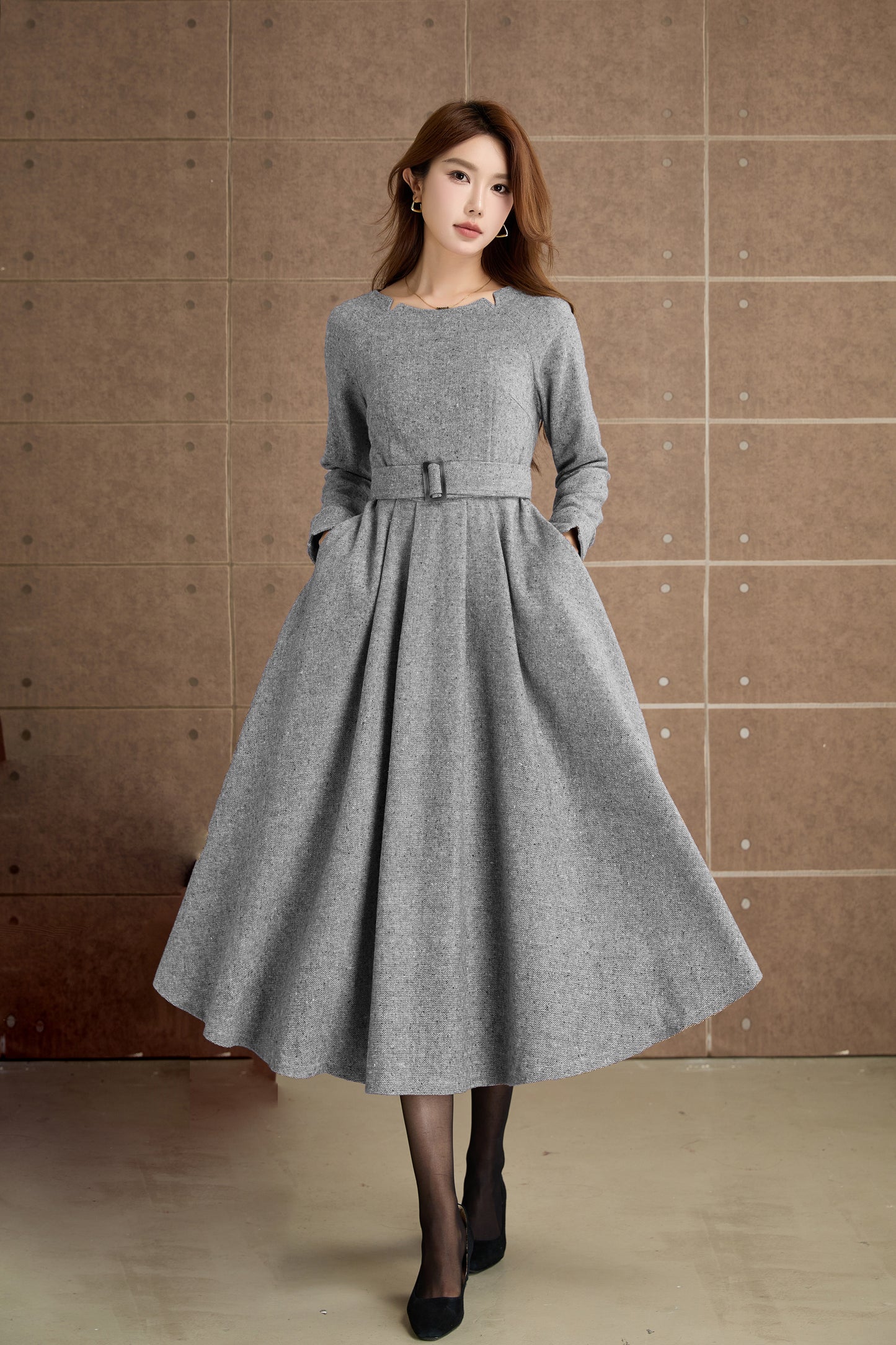 Handmade Wool Blend Dress – Elegant Camel Midi with Pockets 5361