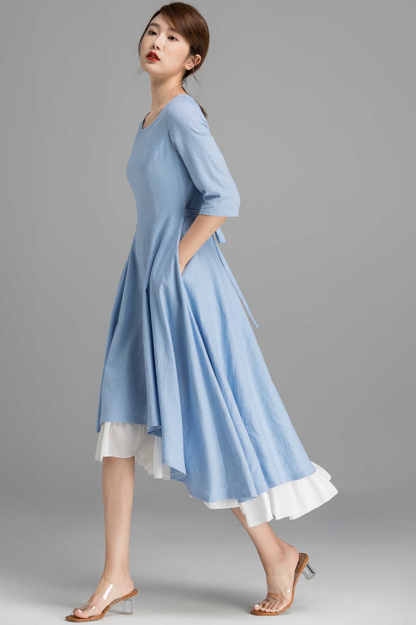 Blue Linen Swing High-Low Dress with White Chiffon Hem 2360