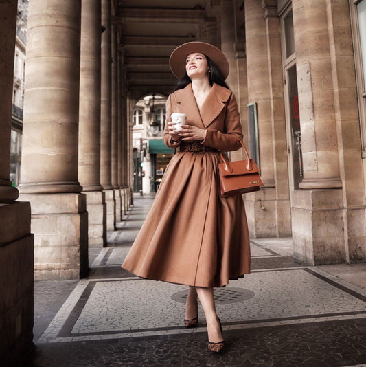 Elegant Camel Wool Blend Coat – Handmade Fit & Flare Midi Winter Coat | Xiaolizi 2544