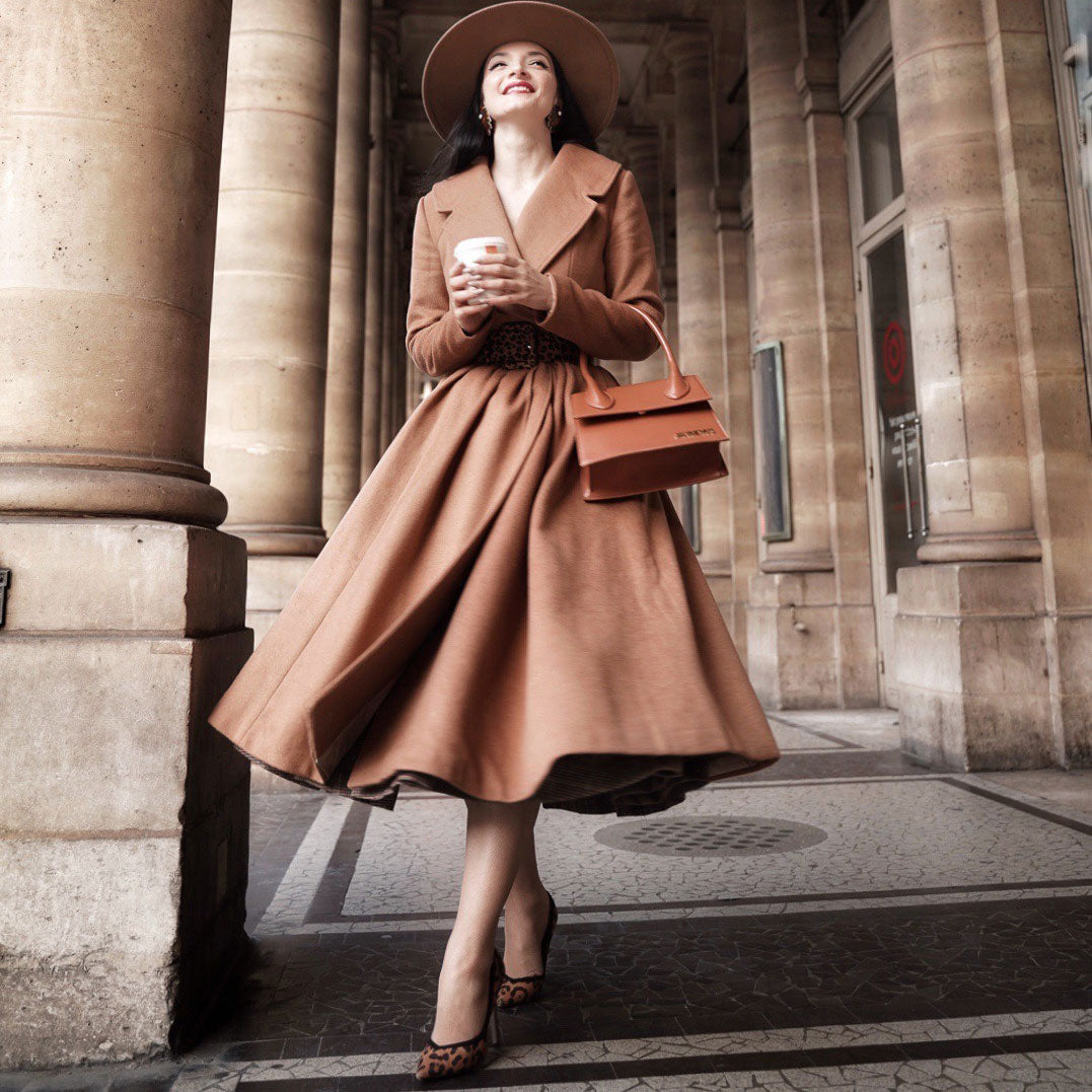Elegant Camel Wool Blend Coat – Handmade Fit & Flare Midi Winter Coat | Xiaolizi 2544