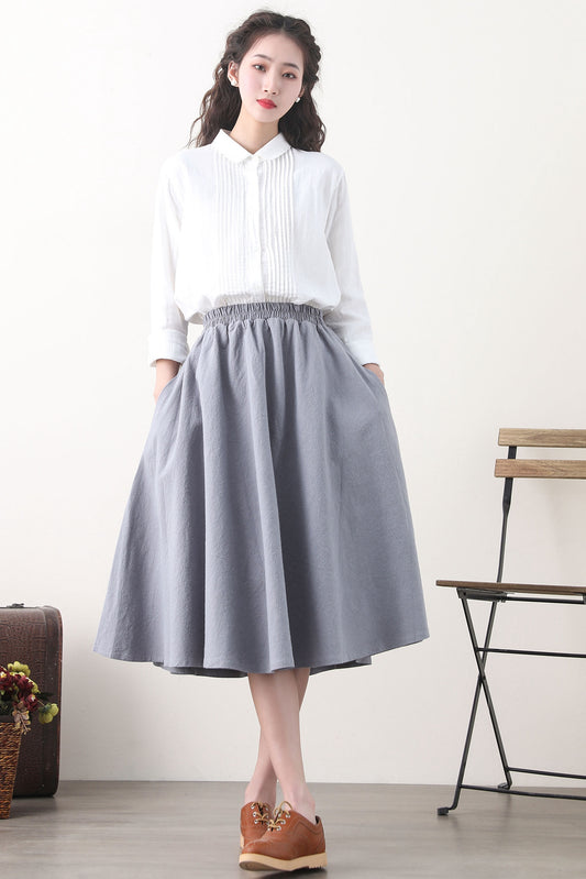 Grey Linen Blend A-Line Midi Skirt - Elastic Waist & Side Pockets 2580