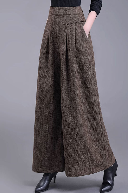 Wool Wide Leg Pants – Handmade High Waist Winter Trousers with Pockets | Xiaolizi 4481
