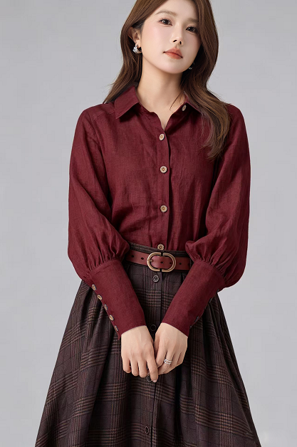 Red Linen Top - Vintage Lantern Sleeves with Button Front 6918