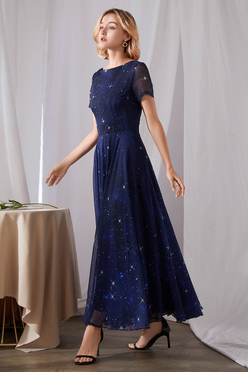 Summer Blue Starry Night Short Sleeve Swing Maxi Dress 3456,Size L CK2201554