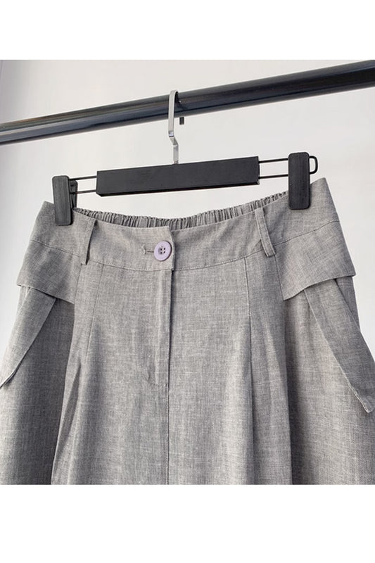 Gray Linen Midi Skirt - Elegant Back Elastic Waist with Pockets 4359
