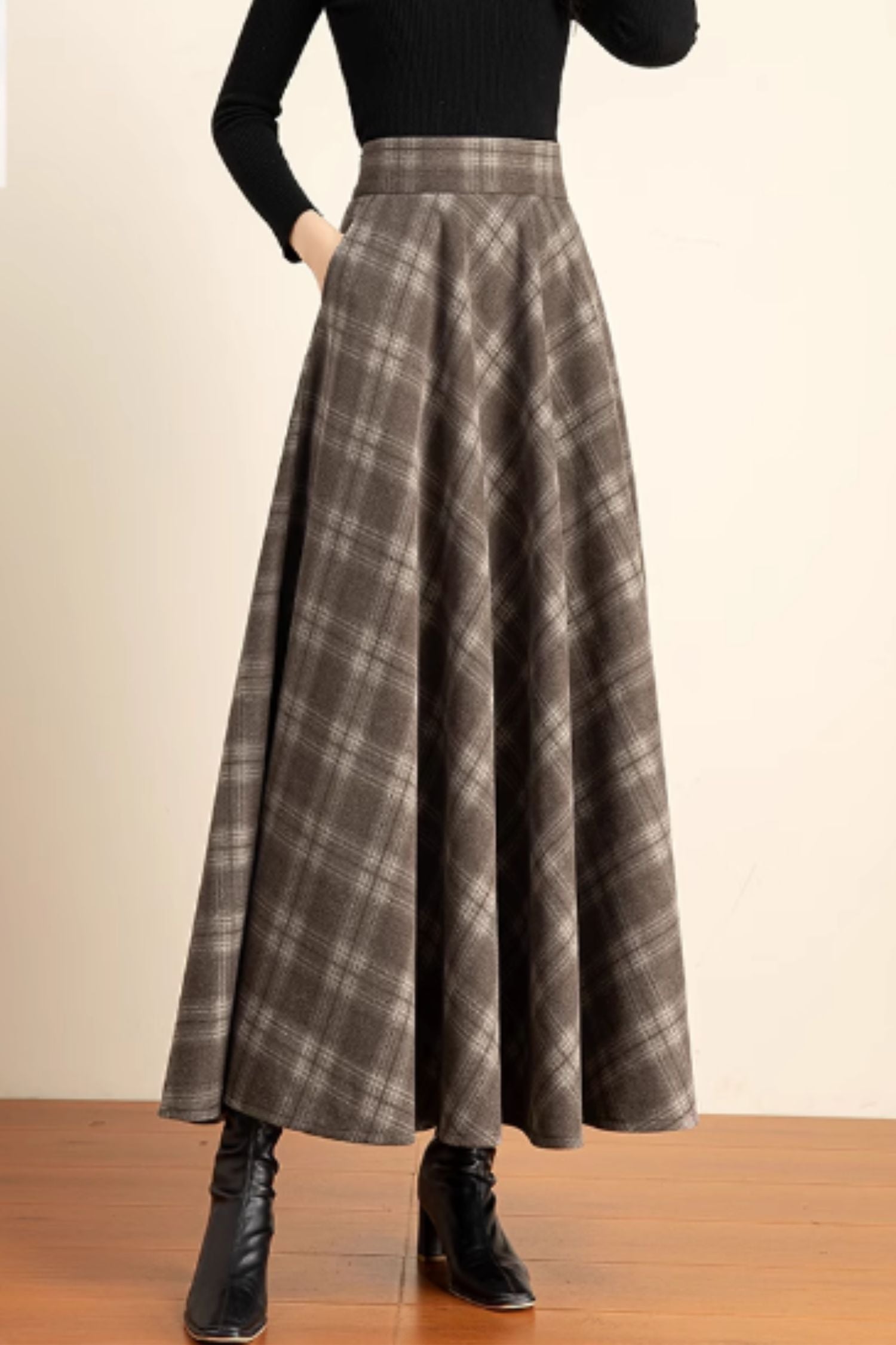 Brown Plaid Wool Maxi Skirt – Vintage A-Line with Beige Accents 5421