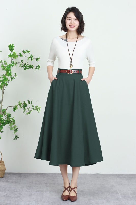 Green Linen Midi Skirt–High-Waisted A-Line skirt with Pockets 5745