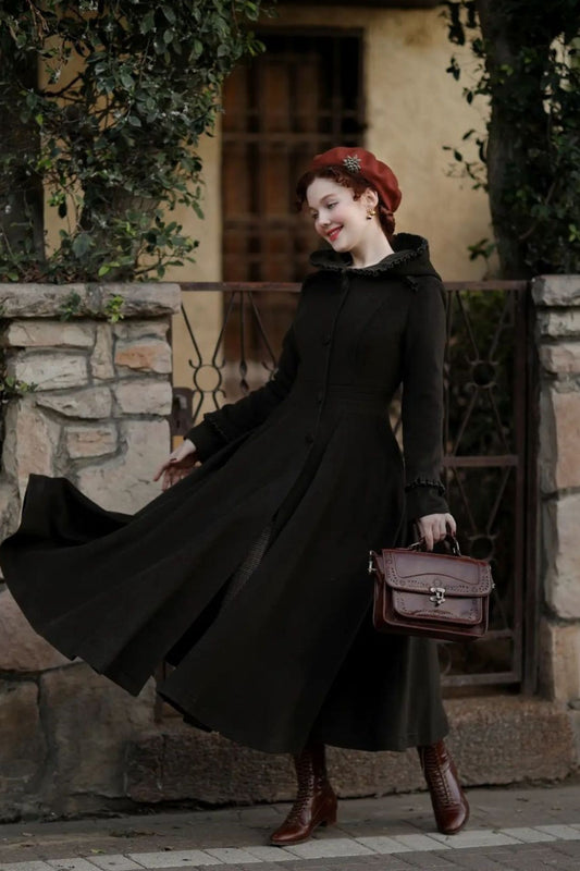 Dark Moss Green Hooded Wool Coat for Women – Fit & Flare Long Winter Jacket 3267