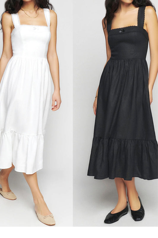 Black Linen Maxi Dress - Sleeveless Square Neck Tiered Hem HY0020