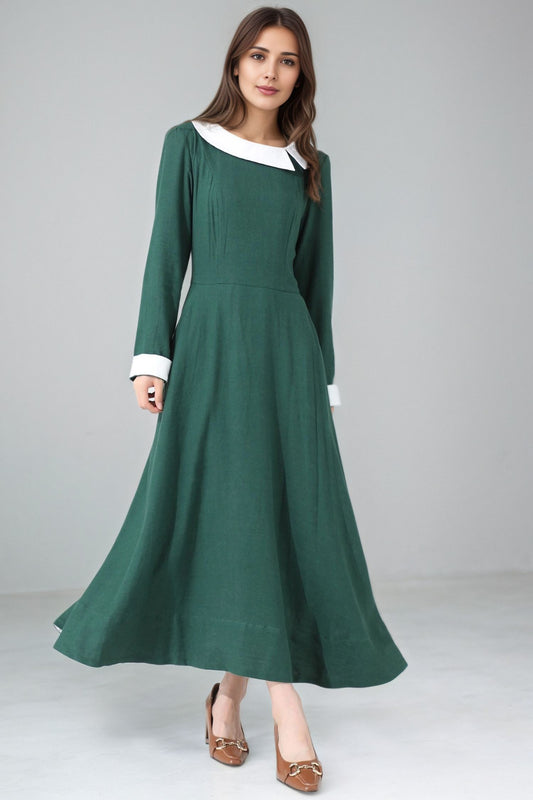 Xiaolizi Handmade Green Linen Maxi Dress – Vintage Long Sleeve A-Line Dress 6341