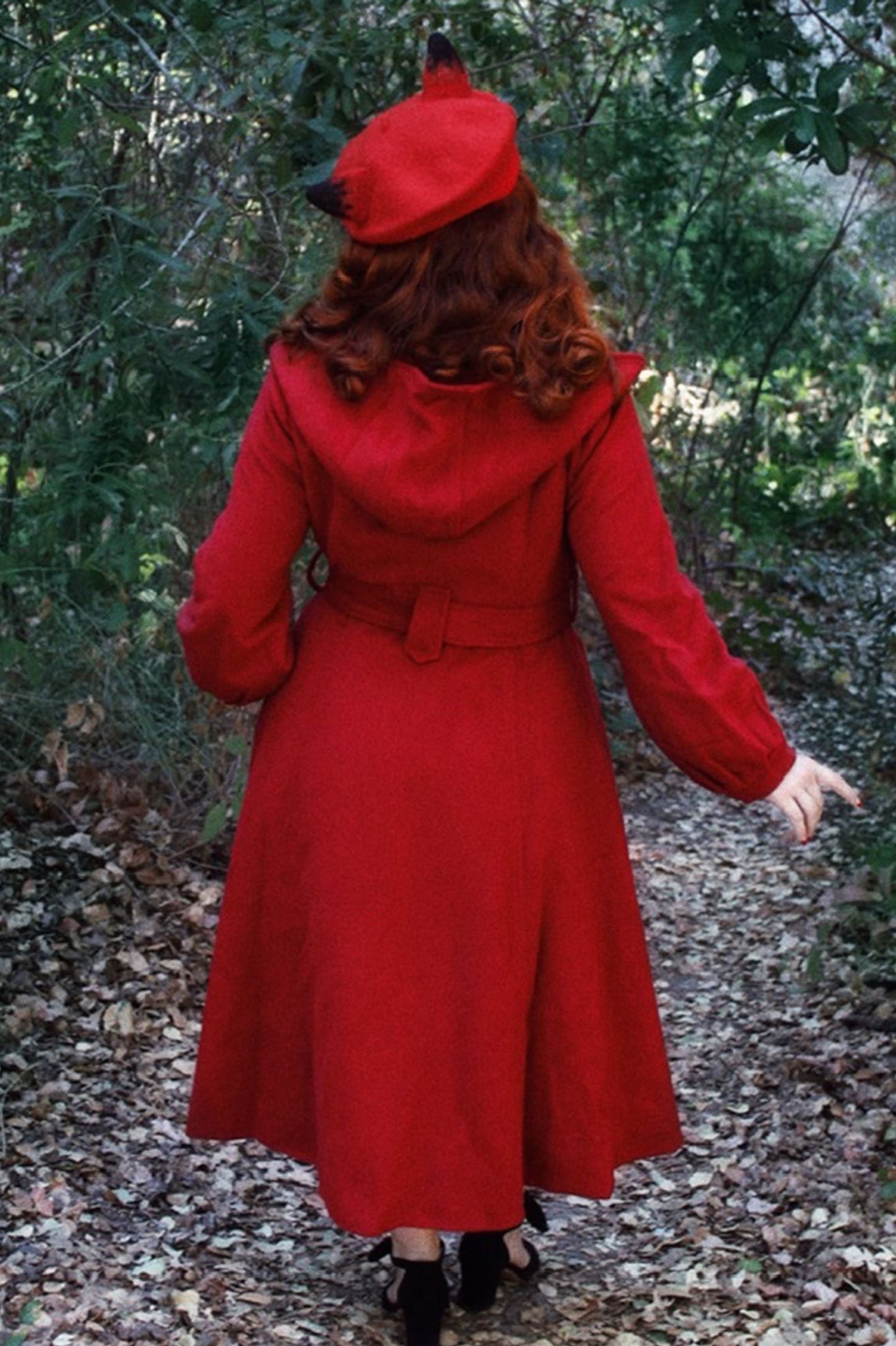 Red Wool Blend Midi Coat - Hooded with Lantern Sleeves 3184