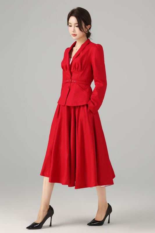 Red Linen Two-Piece Set – Vintage Tailored Blazer & Midi Skirt 5759