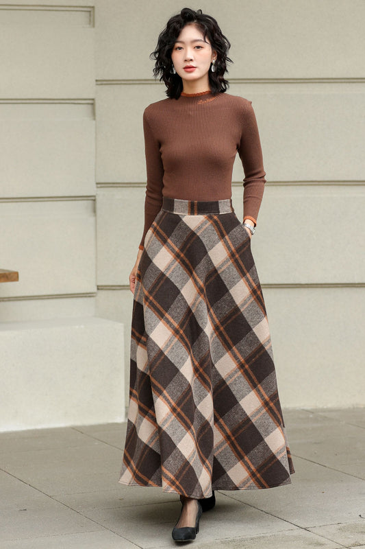 Plaid Wool A-Line Skirt – Brown Check Midi/Ankle Length, Handmade | Xiaolizi 6419