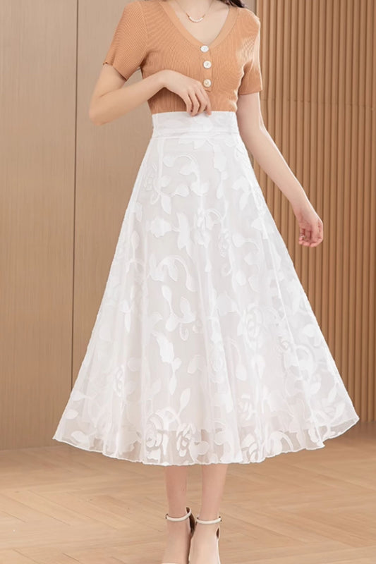 Midi white high waisted chiffon skirt 6190