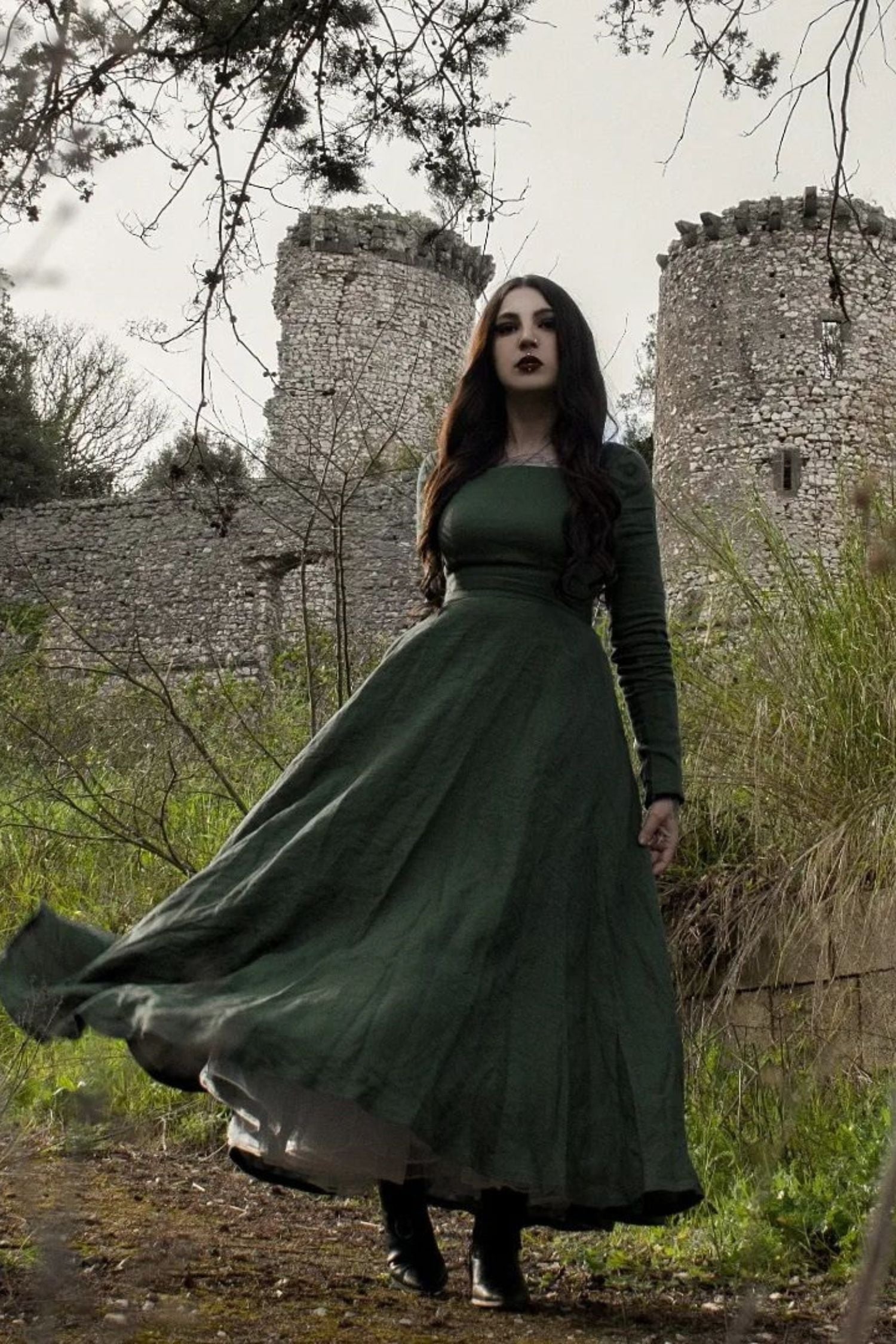 Army Green Linen Maxi Dress with Fitted Waist and Pockets