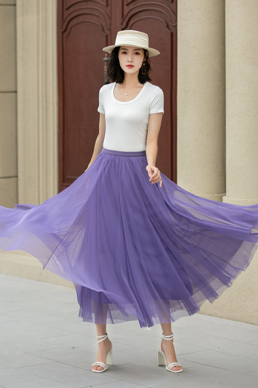 Purple Tulle Midi Skirt - Elastic Waist Boho Circle Swing | Xiaolizi 5111