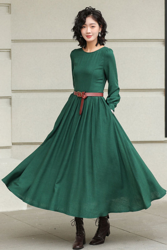 Green Long Sleeves Linen Maxi Dress 6425