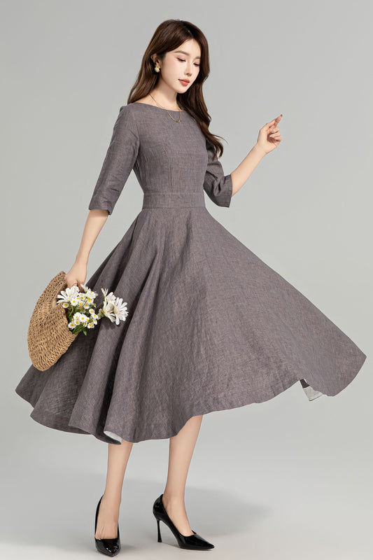 Taupe Grey Linen Swing Dress – Vintage Fit and Flare Midi Dress with Pockets 4961
