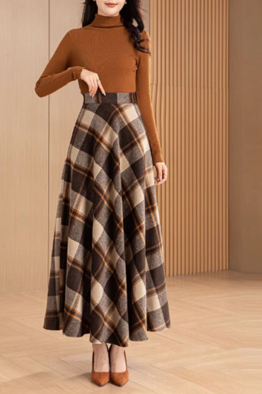 Plaid Wool Maxi Skirt - A-Line Ankle Length | Xiaolizi 5563